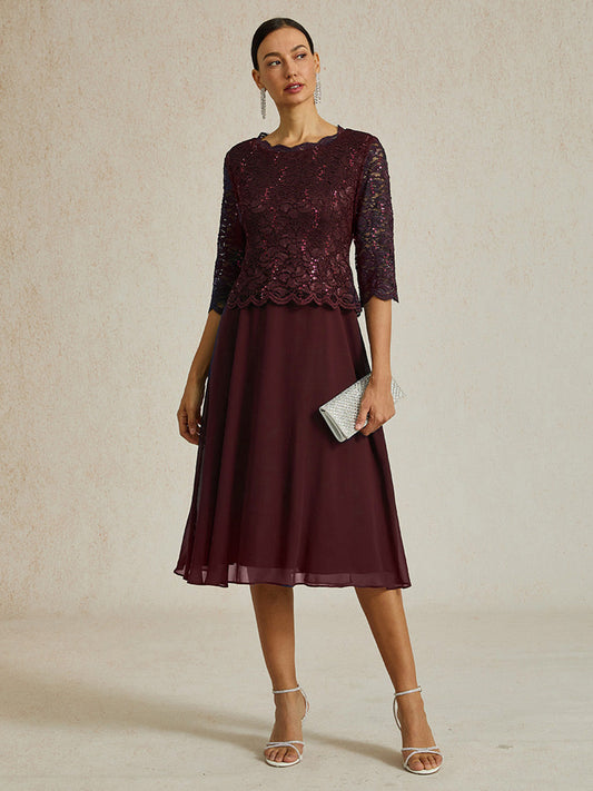 Elegant Lace and Chiffon Tea-Length Dress