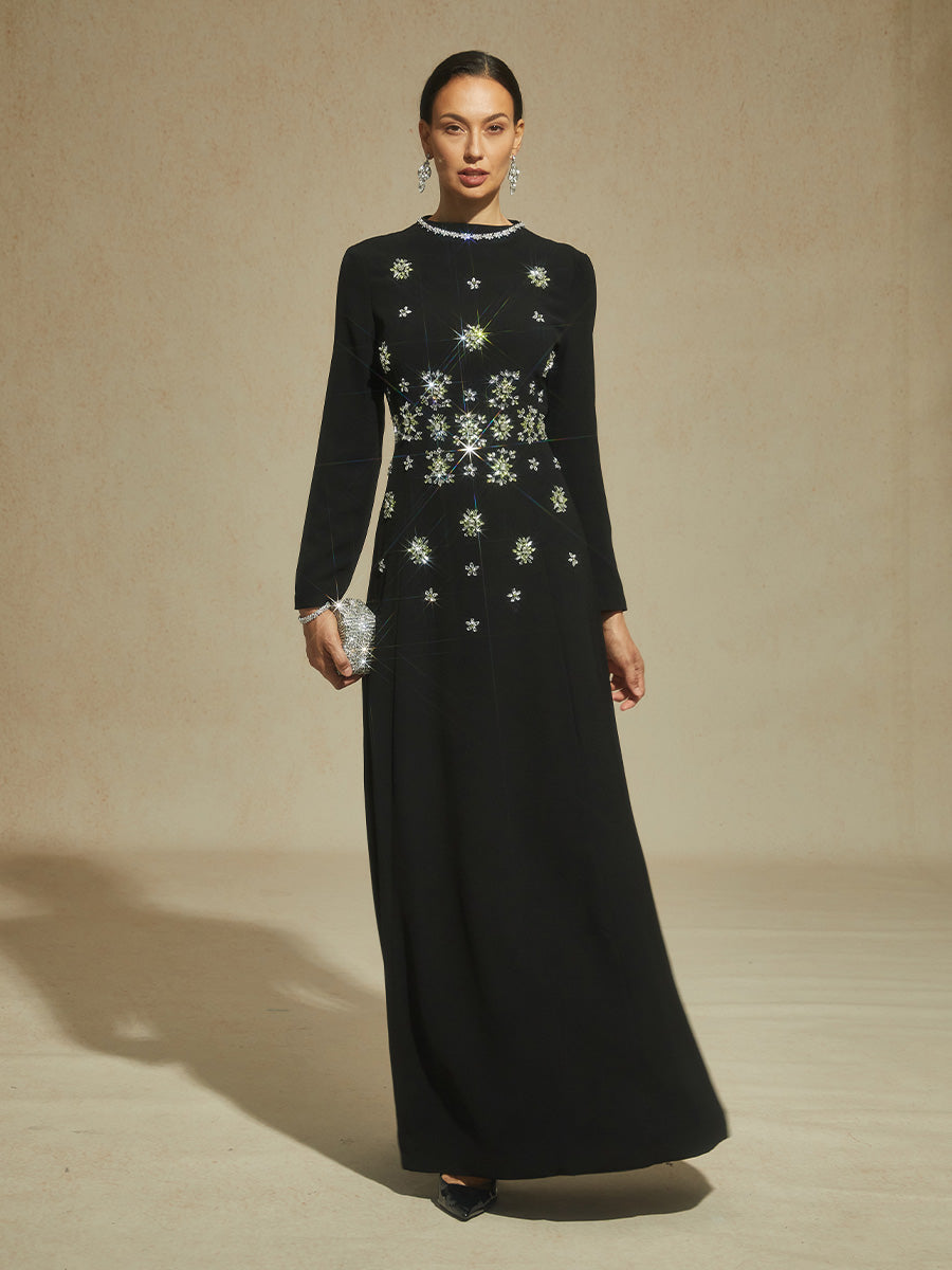 Black Maxi Evening Dress with Snowflake Crystal Embellishments