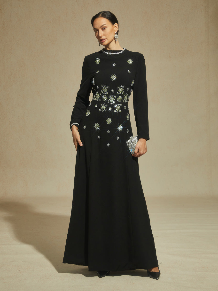 Black Maxi Evening Dress with Snowflake Crystal Embellishments