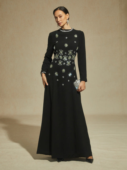 Black Maxi Evening Dress with Snowflake Crystal Embellishments