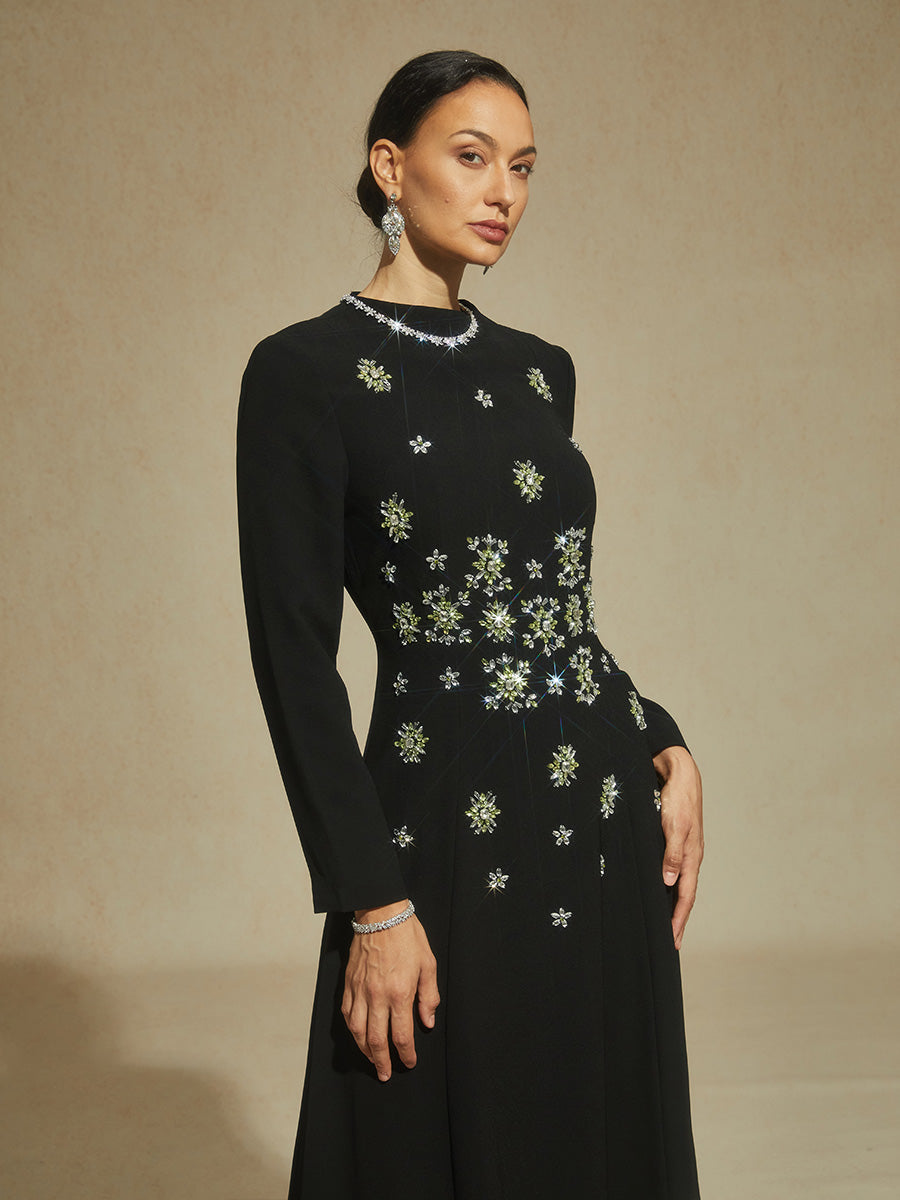Black Maxi Evening Dress with Snowflake Crystal Embellishments