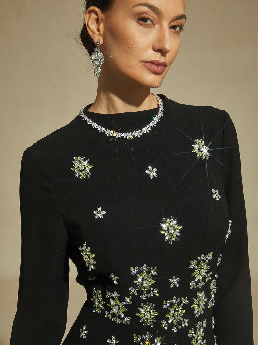 Black Maxi Evening Dress with Snowflake Crystal Embellishments