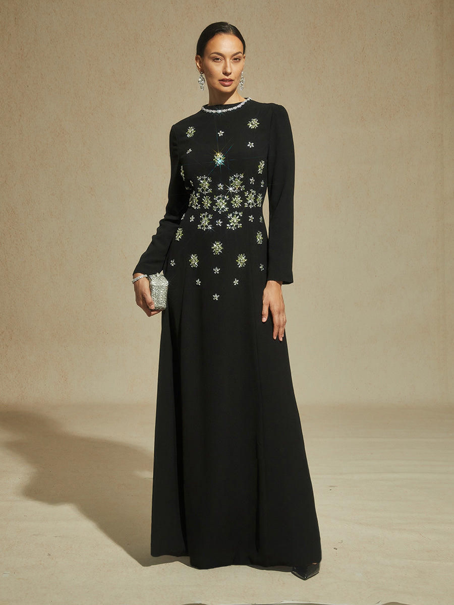 Black Maxi Evening Dress with Snowflake Crystal Embellishments