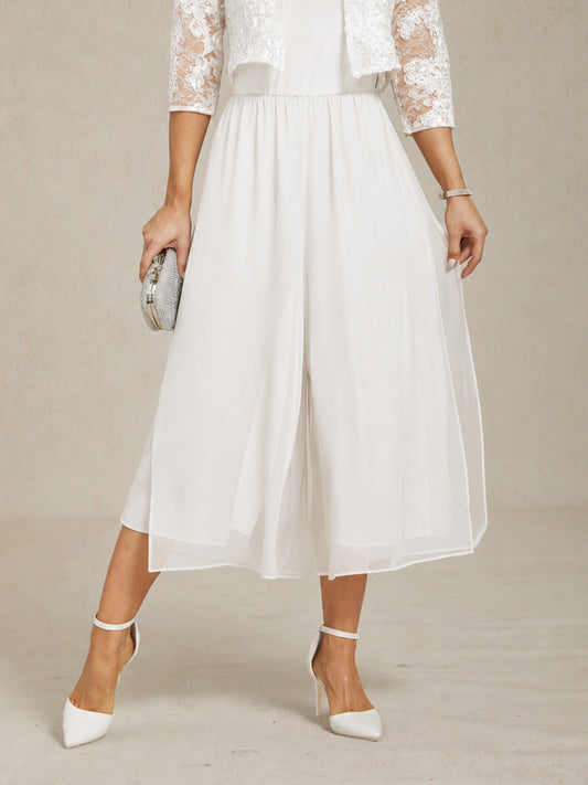 Cropped Length Straight Leg Pant With Chiffon Split Leg Overlay