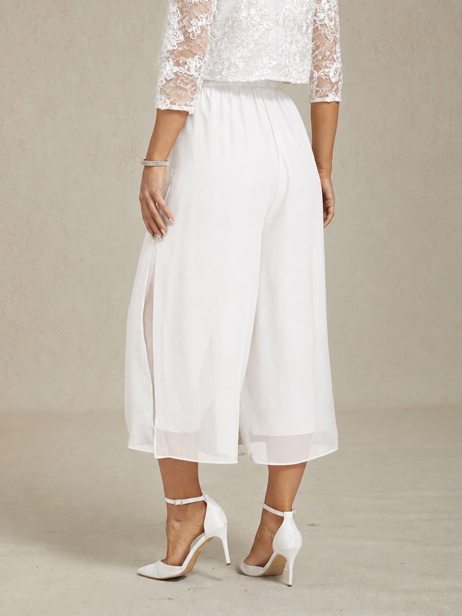 Cropped Length Straight Leg Pant With Chiffon Split Leg Overlay