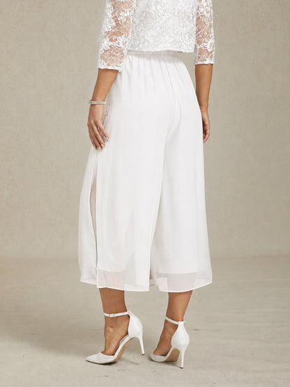 Cropped Length Straight Leg Pant With Chiffon Split Leg Overlay