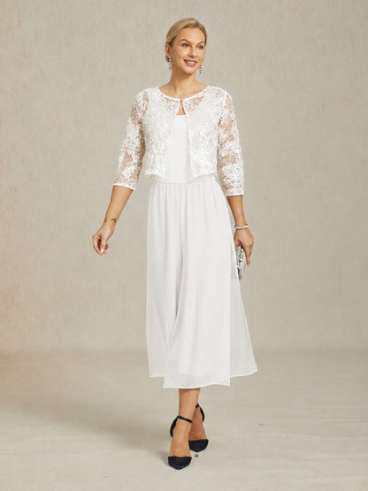 Cropped Length Straight Leg Pant With Chiffon Split Leg Overlay