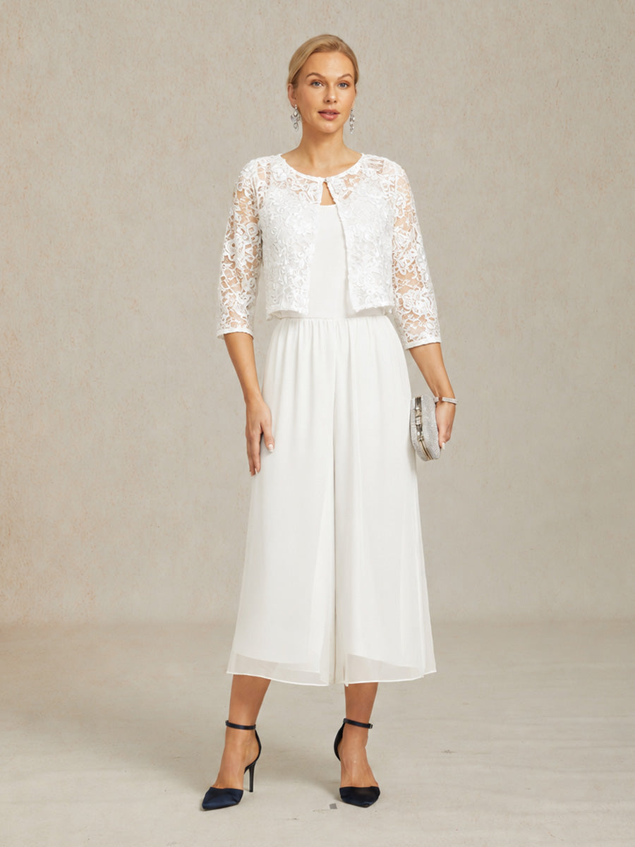 Cropped Length Straight Leg Pant With Chiffon Split Leg Overlay