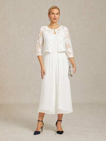 Cropped Length Straight Leg Pant With Chiffon Split Leg Overlay