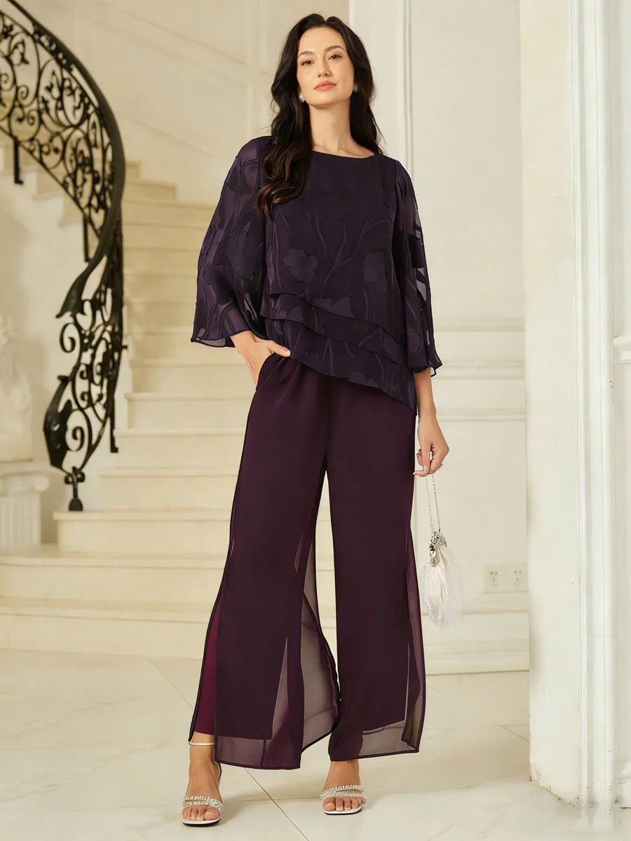 Chiffon Layered Blouse Straight Leg Pant Suits