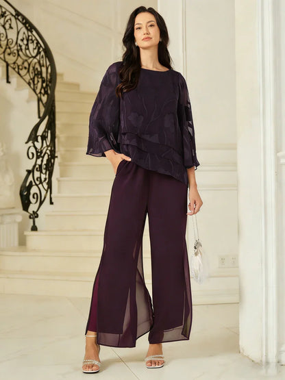 Chiffon Layered Blouse Straight Leg Pant Suits