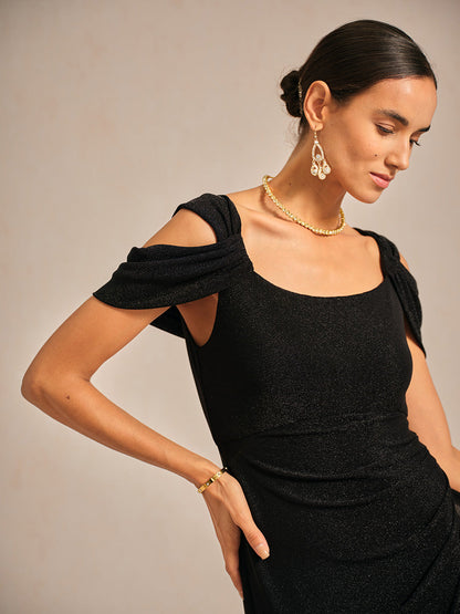 Cold Shoulder Glitter Metallic Knit Dress