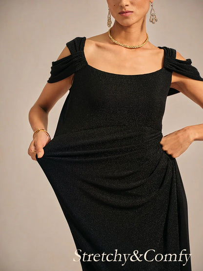 Vestido de malla con brillo y hombros descubiertos