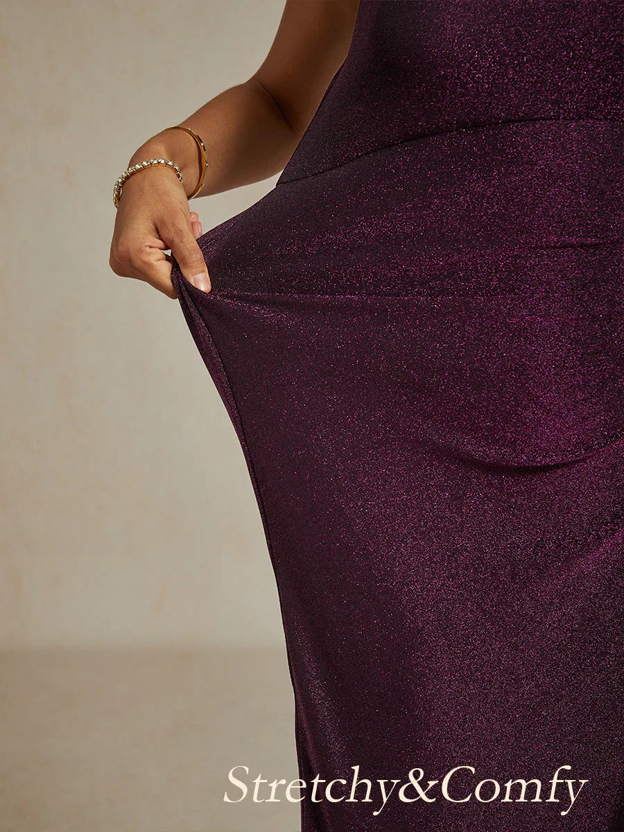 Vestido de malla con brillo y hombros descubiertos