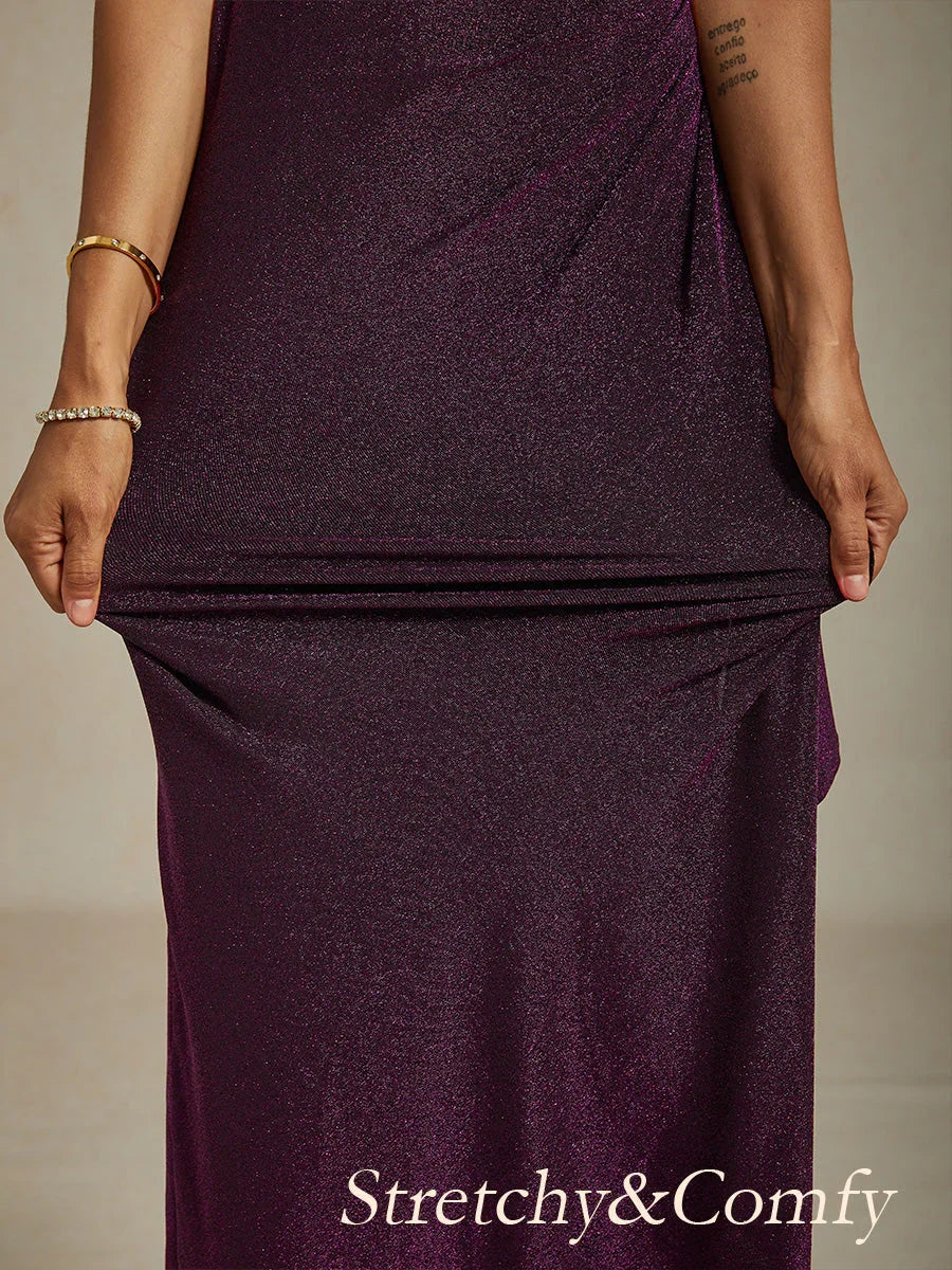 Vestido de malla con brillo y hombros descubiertos