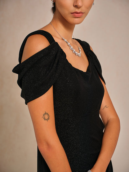 Cold Shoulder Glitter Metallic Knit Dress