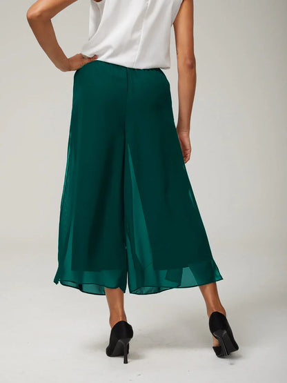 Cropped Length Straight Leg Pant With Chiffon Split Leg Overlay