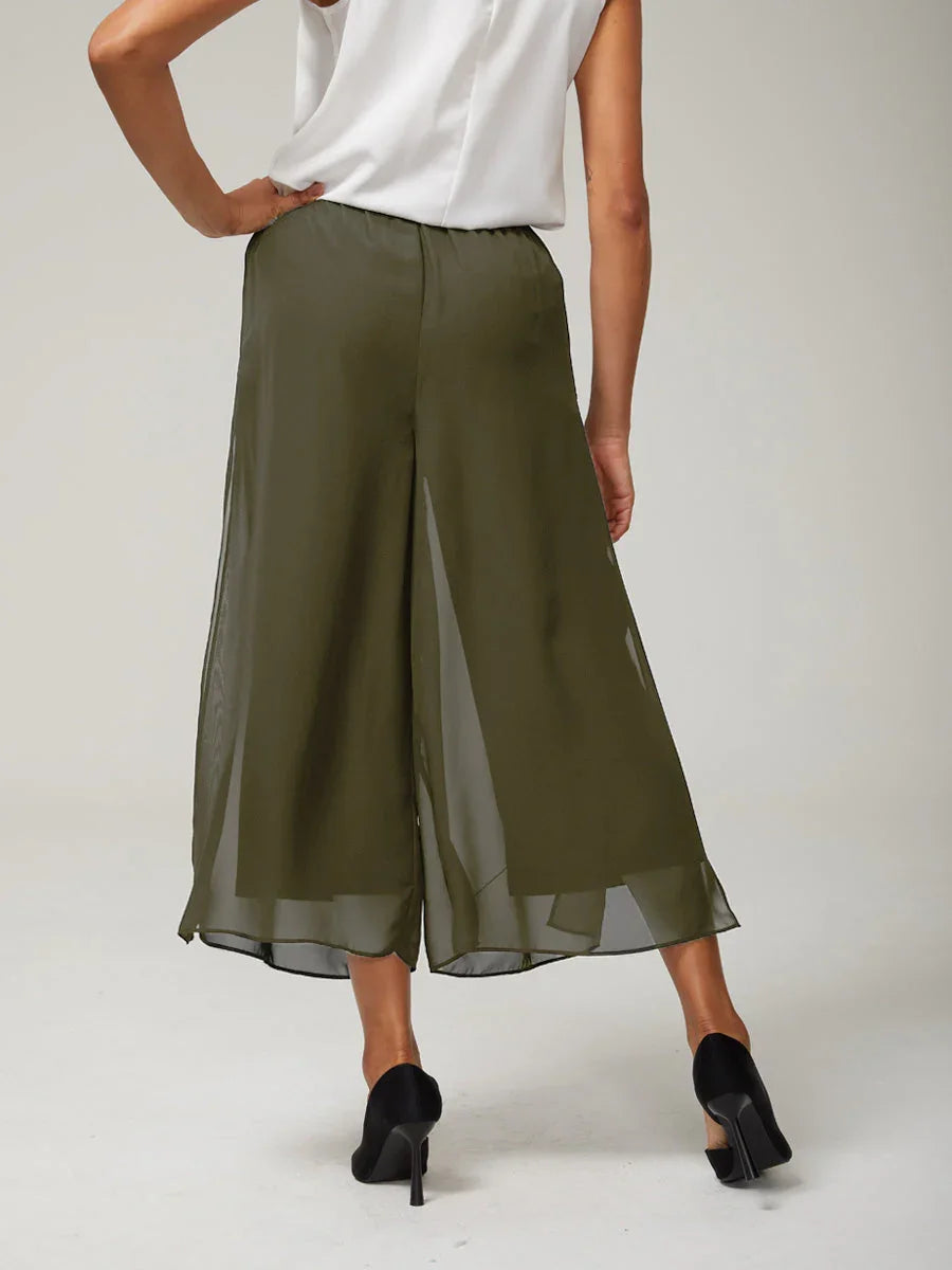 Cropped Length Straight Leg Pant With Chiffon Split Leg Overlay