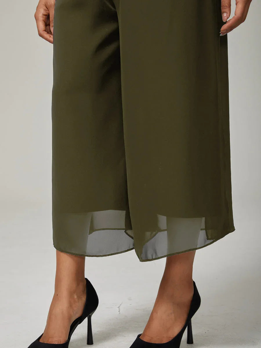 Cropped Length Straight Leg Pant With Chiffon Split Leg Overlay