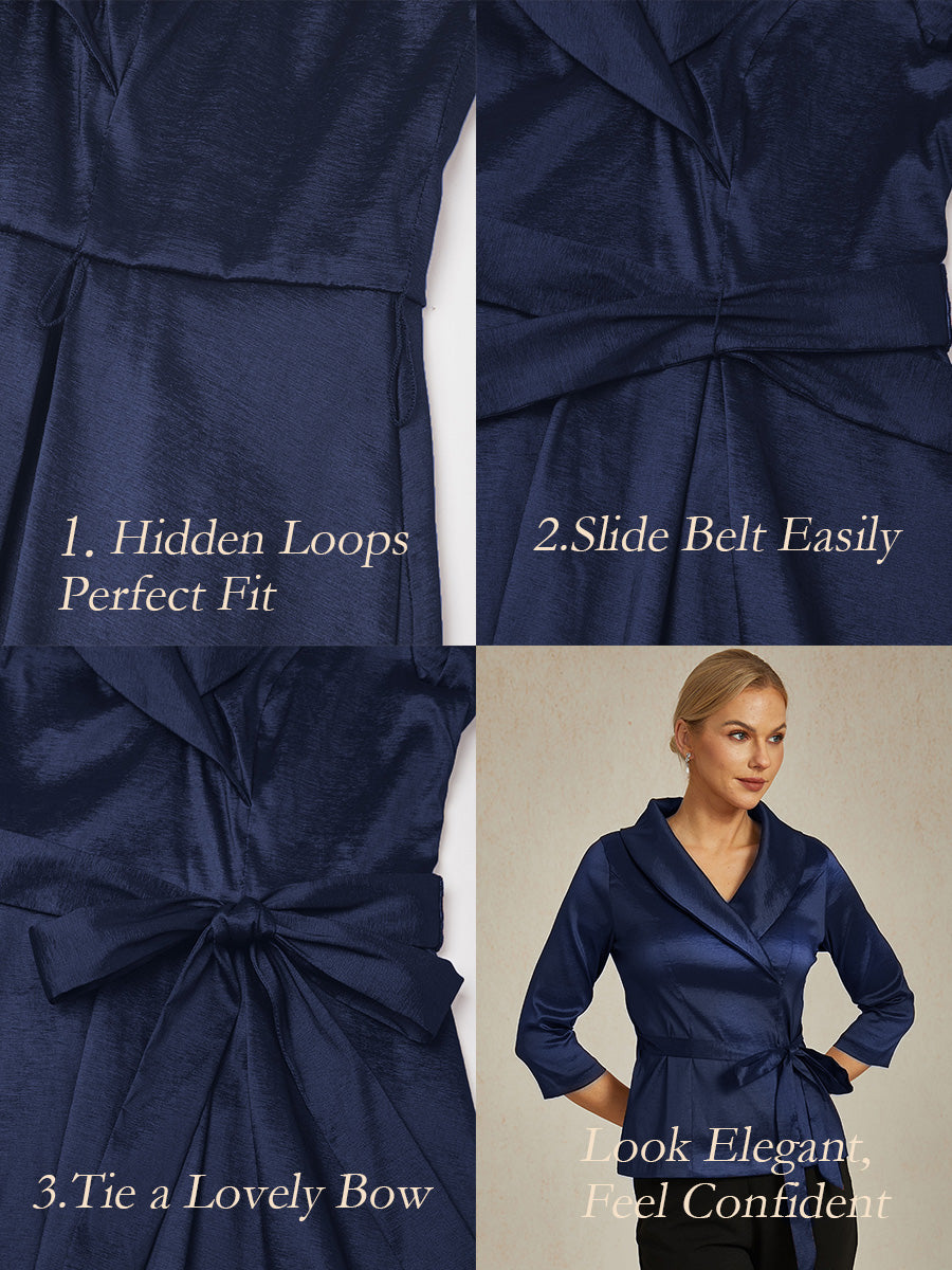 3/4 Sleeve Stretch Taffeta Blouse with Tie Waist Detail