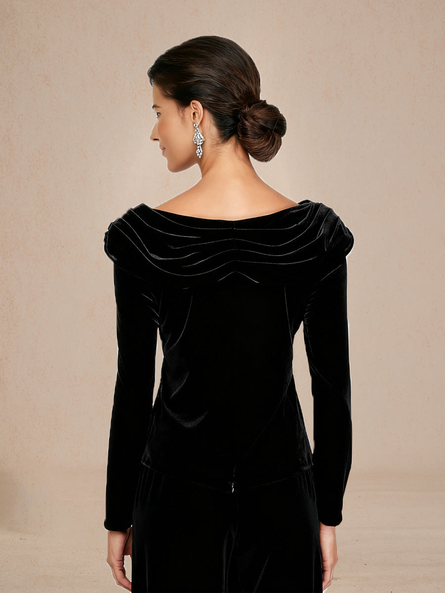 Long Sleeve Velvet Blouse with Ruched Collar