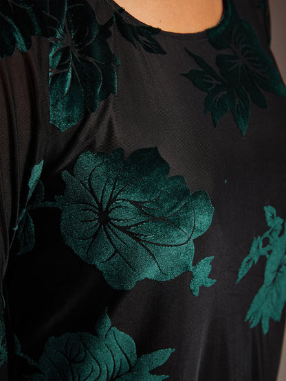 Dressy Floral Velvet Asymmetric Hem Blouse