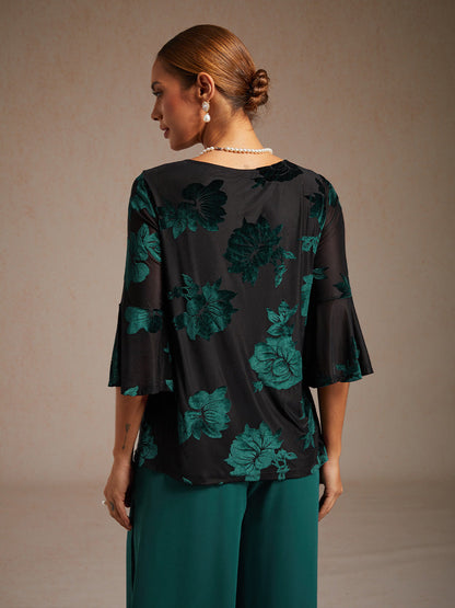 Dressy Floral Velvet Asymmetric Hem Blouse