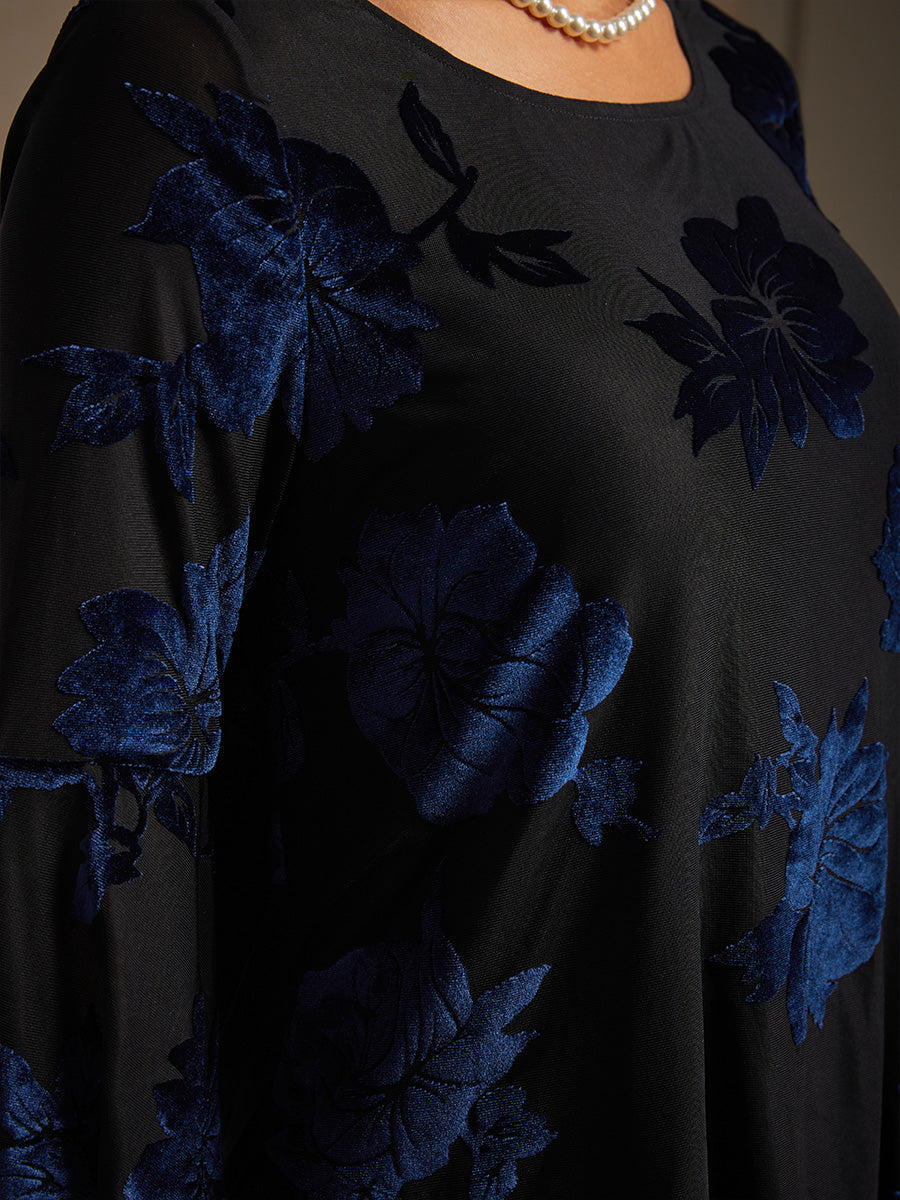 Dressy Floral Velvet Asymmetric Hem Blouse