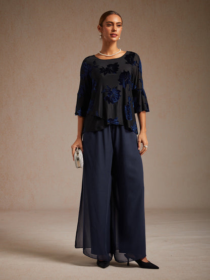 Dressy Floral Velvet Asymmetric Hem Blouse