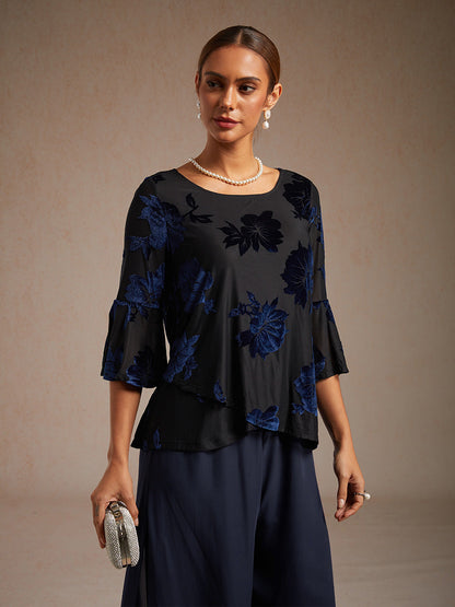 Dressy Floral Velvet Asymmetric Hem Blouse