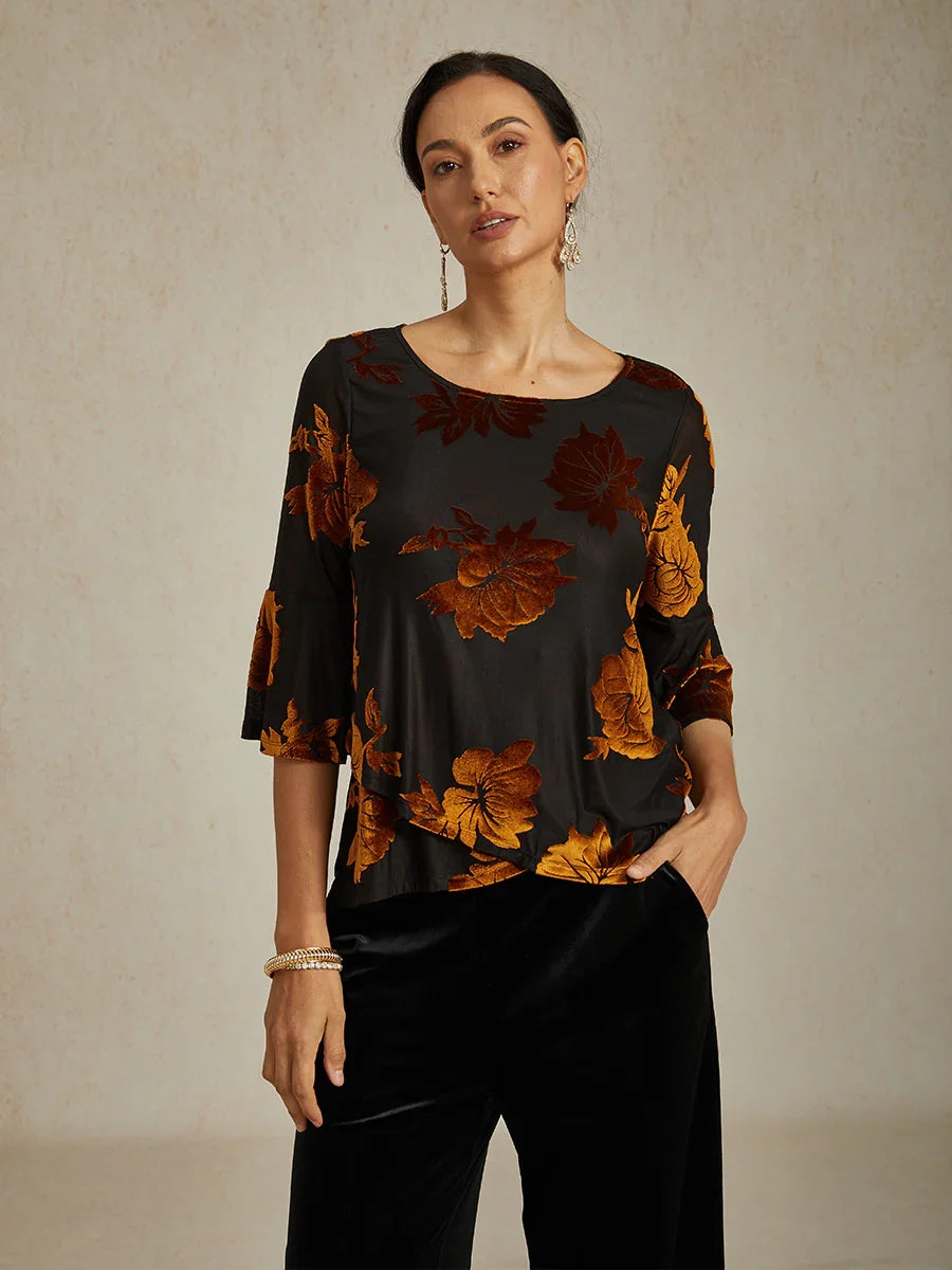 Dressy Floral Velvet Asymmetric Hem Blouse