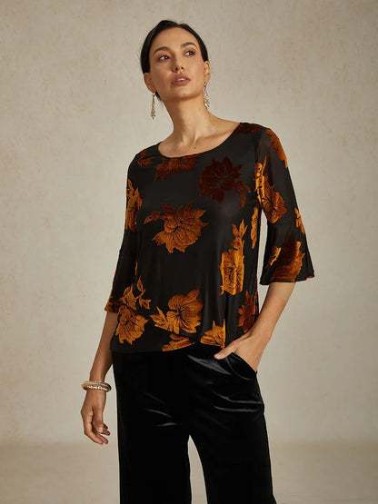 Dressy Floral Velvet Asymmetric Hem Blouse