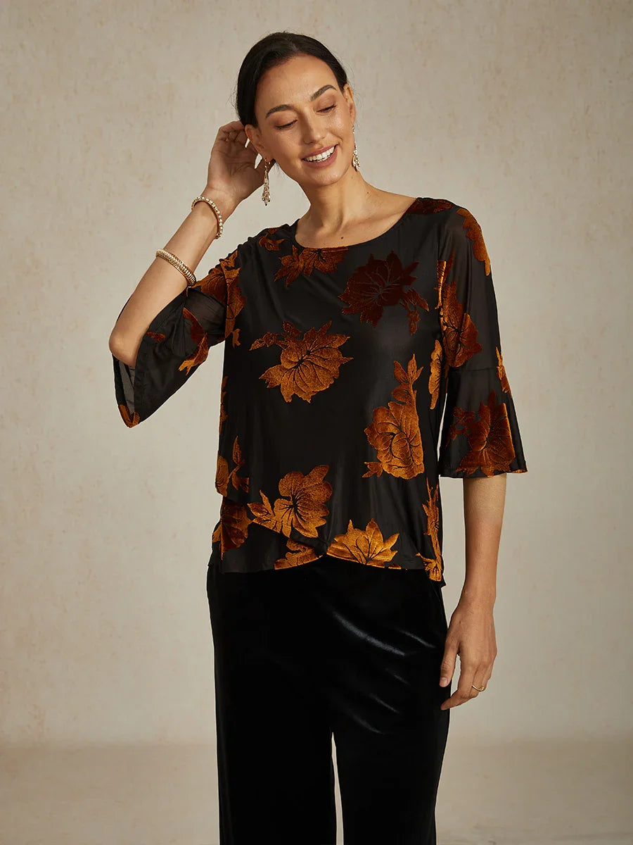 Dressy Floral Velvet Asymmetric Hem Blouse