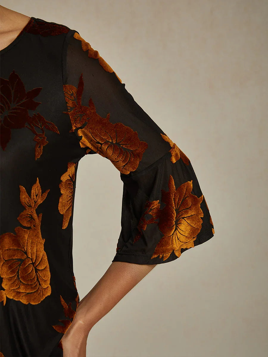Dressy Floral Velvet Asymmetric Hem Blouse