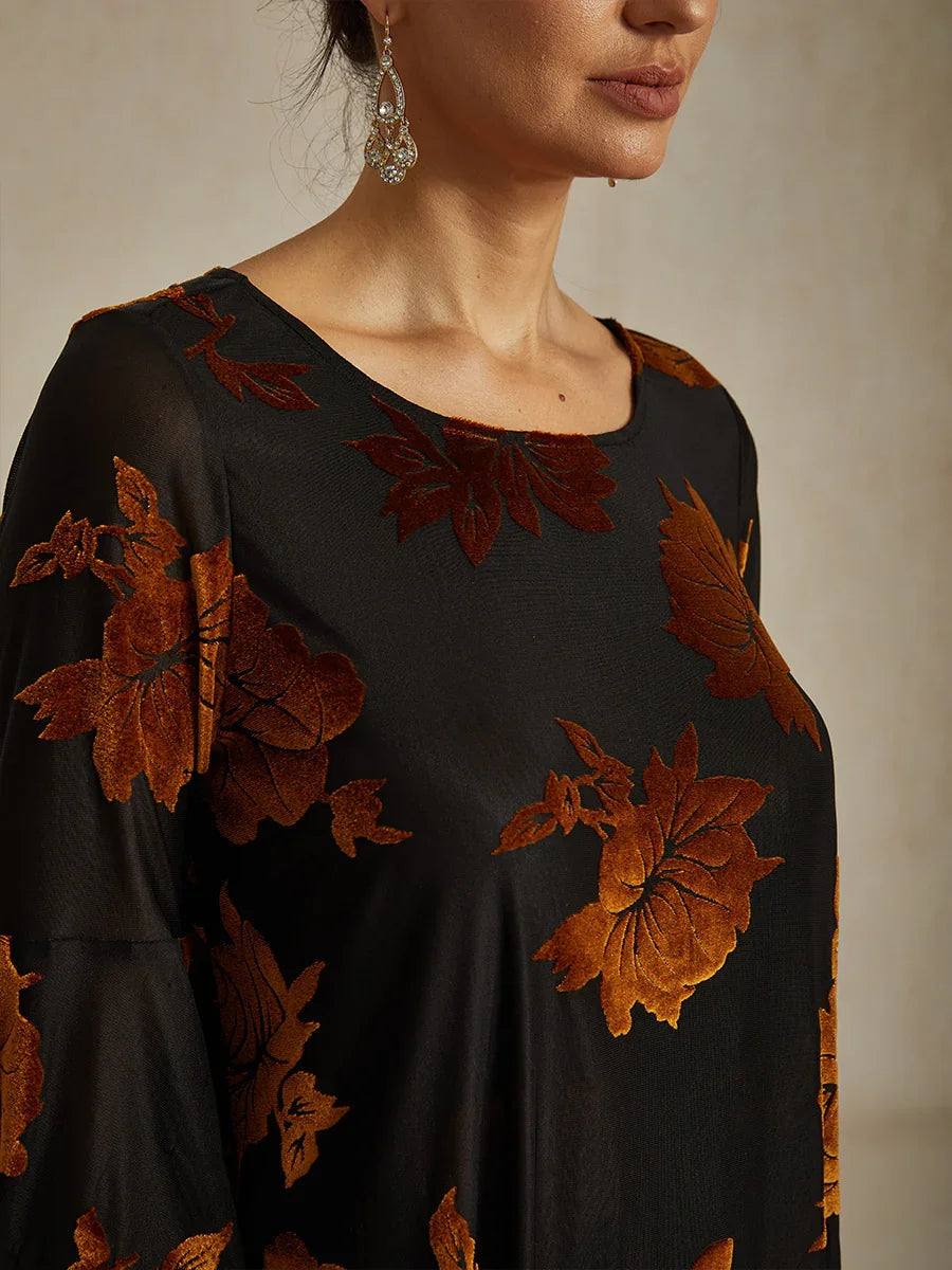 Dressy Floral Velvet Asymmetric Hem Blouse