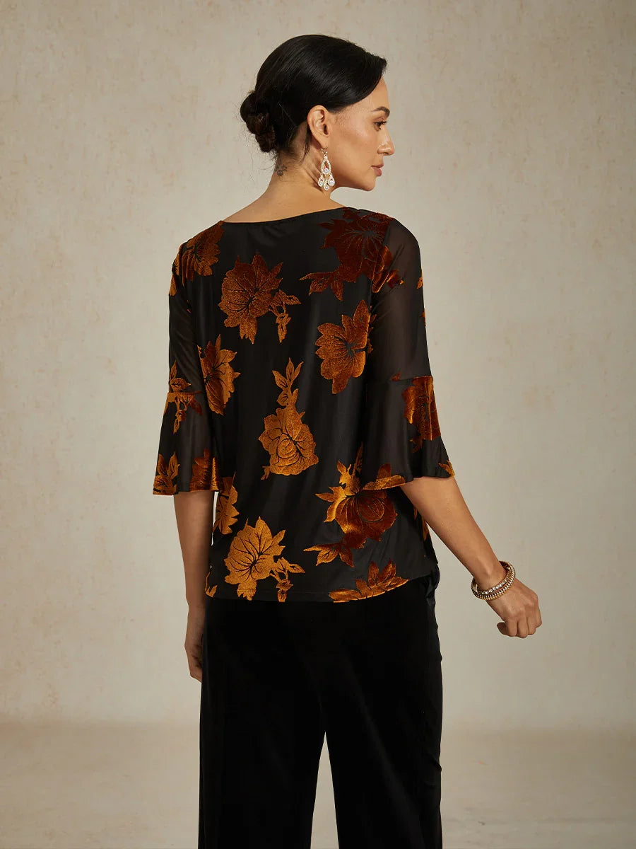 Dressy Floral Velvet Asymmetric Hem Blouse