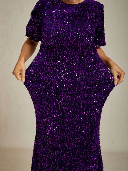 Velvet Sequin Midi Dress with Puff Sleeves