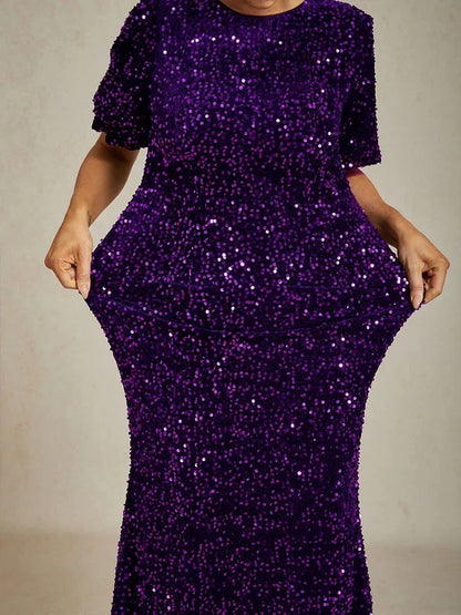 Velvet Sequin Midi Dress with Puff Sleeves