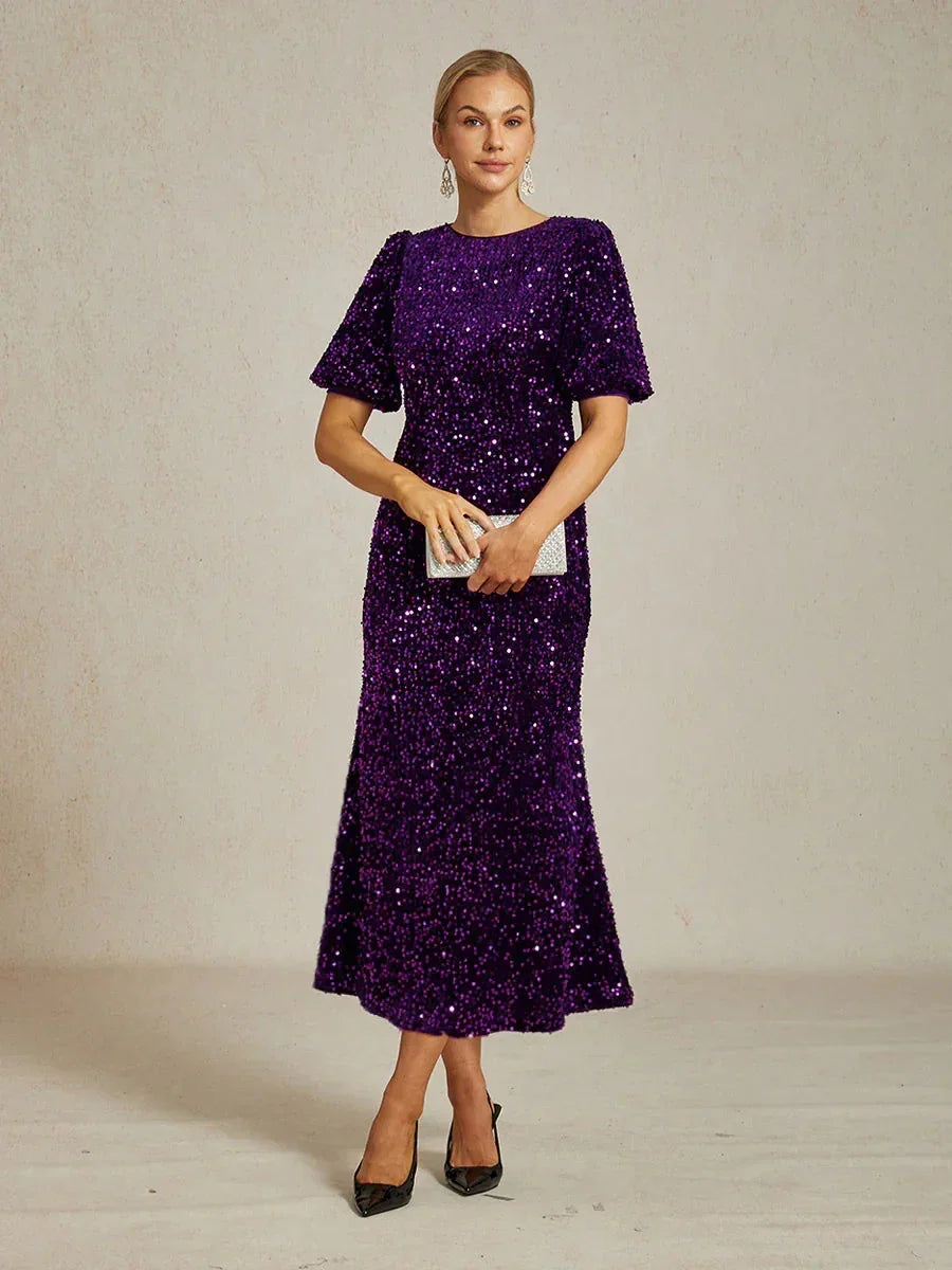 Velvet Sequin Midi Dress with Puff Sleeves