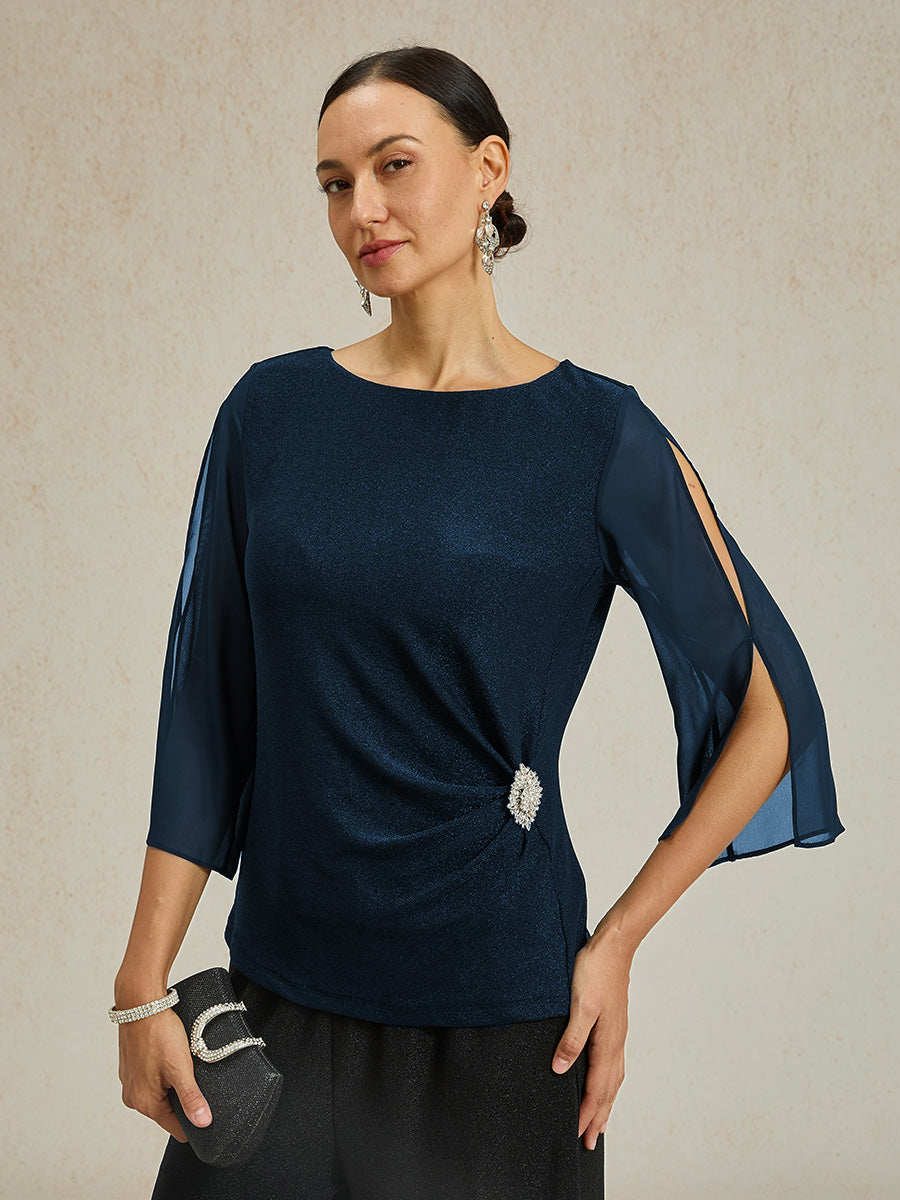 Elegant 3/4 Sleeve Metallic Knit Blouse