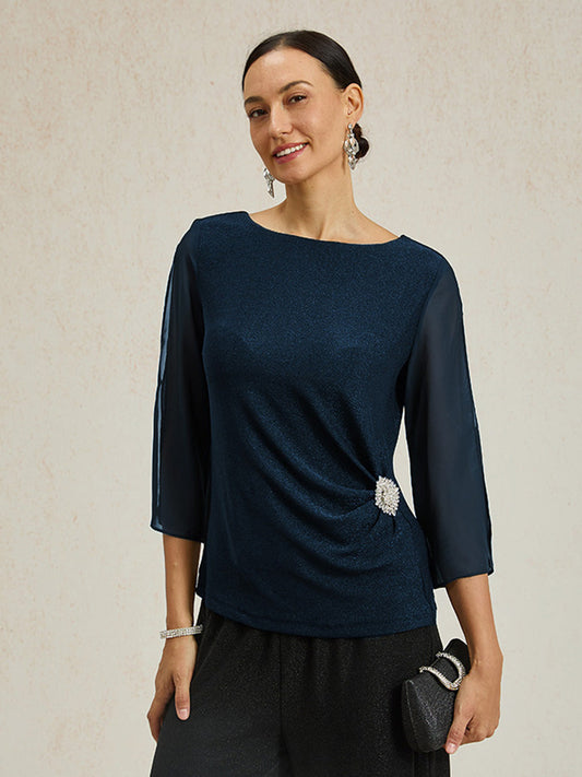 Elegant 3/4 Sleeve Metallic Knit Blouse
