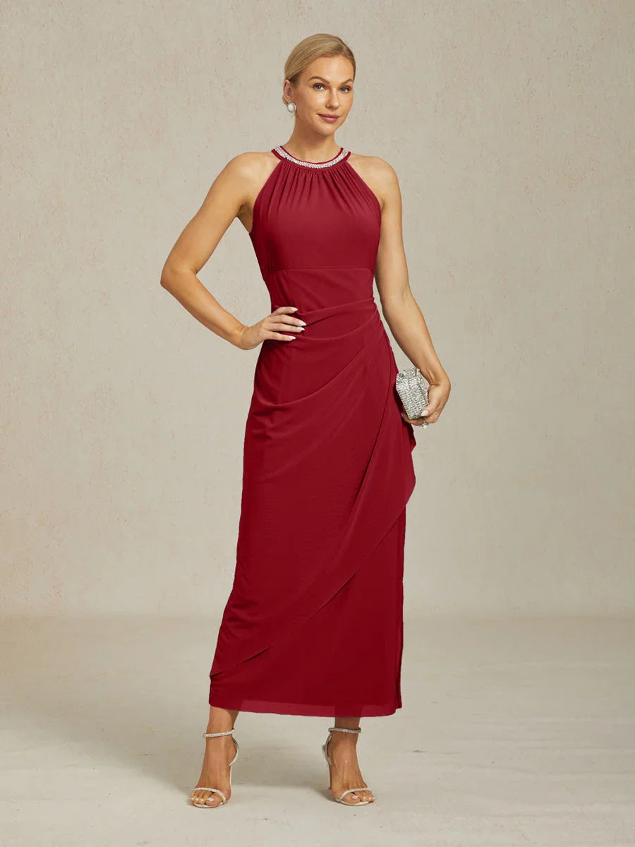 Elegant Beaded Halter Maxi Dress with Ruffle Detail
