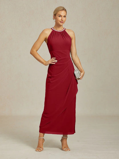 Elegant Beaded Halter Maxi Dress with Ruffle Detail