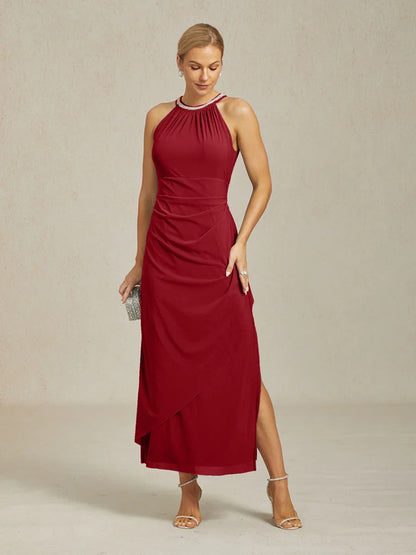 Elegant Beaded Halter Maxi Dress with Ruffle Detail