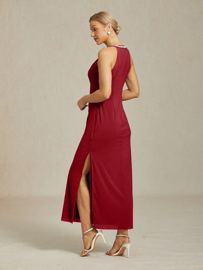 Elegant Beaded Halter Maxi Dress with Ruffle Detail