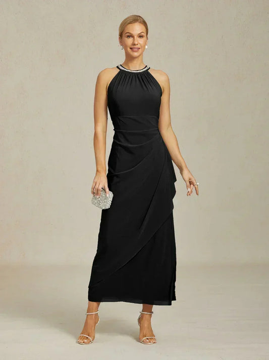 Elegant Beaded Halter Maxi Dress with Ruffle Detail