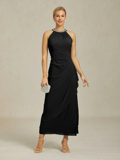 Elegant Beaded Halter Maxi Dress with Ruffle Detail
