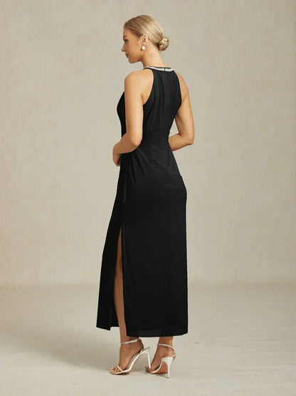 Elegant Beaded Halter Maxi Dress with Ruffle Detail