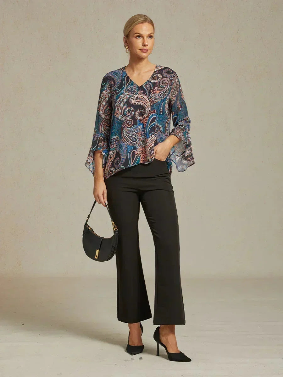 Paisley Chiffon Peasant Blouse with Long Lantern Sleeves