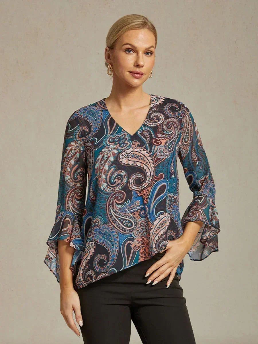 Paisley Chiffon Peasant Blouse with Long Lantern Sleeves
